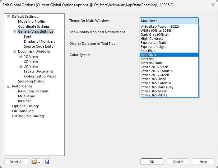 Global options for main window themes